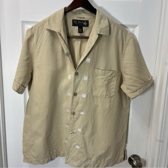 Nat Nest Men’s Tan Short Sleeve Button-Up Shirt 100% Silk  size Large - Picture 1 of 8